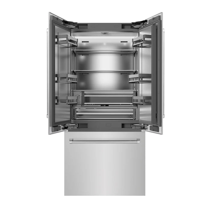 ZLINE 36" Panel Ready French Door Built-In Bottom Freezer Refrigerator, Water Dispenser, Ice Maker, Stainless Steel Interior SRBIV-36