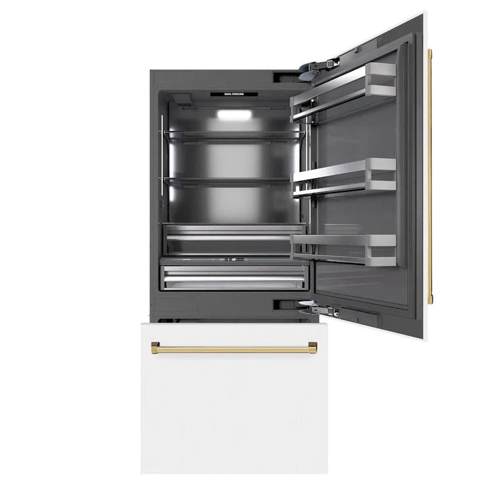 ZLINE 36" Built-In Bottom Freezer Refrigerator,Water Dispenser, Ice Maker, White Matte Graphite Gray Polished Gold GRBITZ-WM-36-G