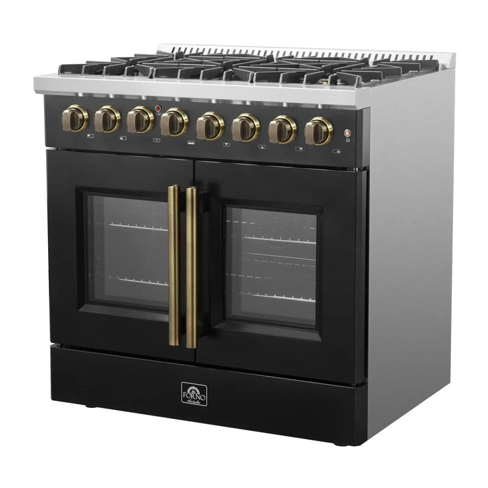 Forno Galiano 36"French DoorDual Fuel Range, Gas Stove, Electric Oven Black, Antique Brass Trim, FFSGS6356-36BLK