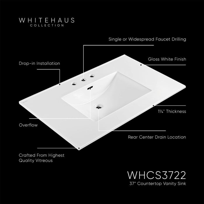 Whitehaus 37" Countertop Vanity Sink, Rect Bowl Single Faucet, Overflow WHCS3722-1H