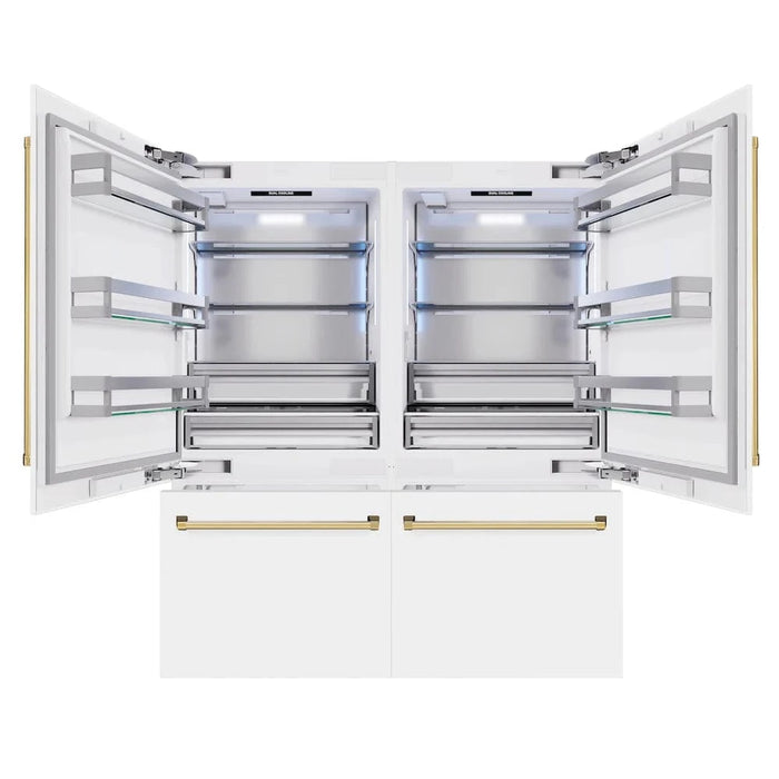 ZLINE 72" Built-In Bottom Freezer Refrigerator,Water Dispenser, Ice Maker, White Matte Polished Gold RBITZ-WM-72-G