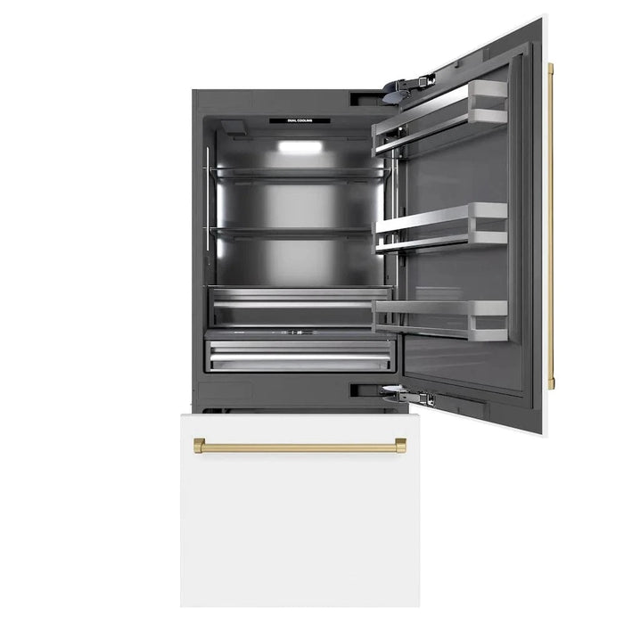 ZLINE 36" Built-In Bottom Freezer Refrigerator,Water Dispenser, Ice Maker, White Matte Graphite Gray Champagne Bronze GRBITZ-WM-36-CB
