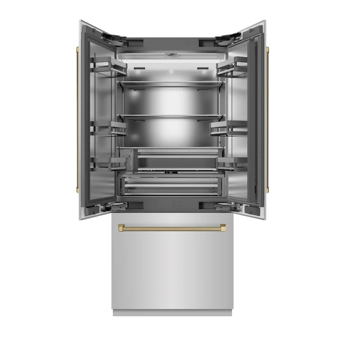 ZLINE Autograph Edition 36" French Door Built-In Bottom Freezer Refrigerator, Water Dispenser, Ice Maker, Stainless Steel, Stainless Steel Interior, Helix Handles SRBIVZ-30436KCB