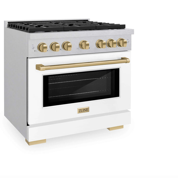 ZLINE 36"Paramount Dual Fuel Range DuraSnow® White Matte, Champagne Bronze SDRSZ-WM-36-CB