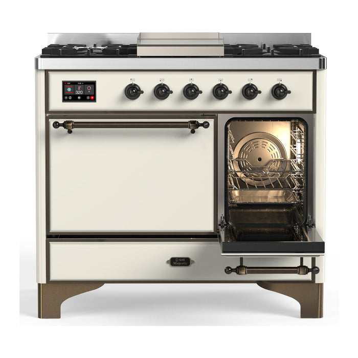 ILVE Majestic III 40" Dual Fuel, Range, Antique White, Burnished Trim UMD40FQNR3AWB