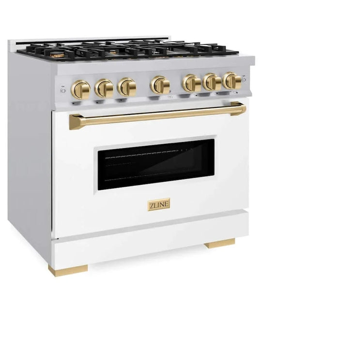 ZLINE 36" Classic Gas Range, Convection Gas Oven Stainless Steel, White Matte Door Polished Gold CGRZ-WM-36-G