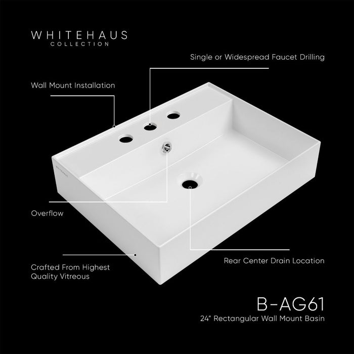 Whitehaus 24" Rectangular Wall Mount Basin, Widespread Faucet, Overflow B-AG61-3H