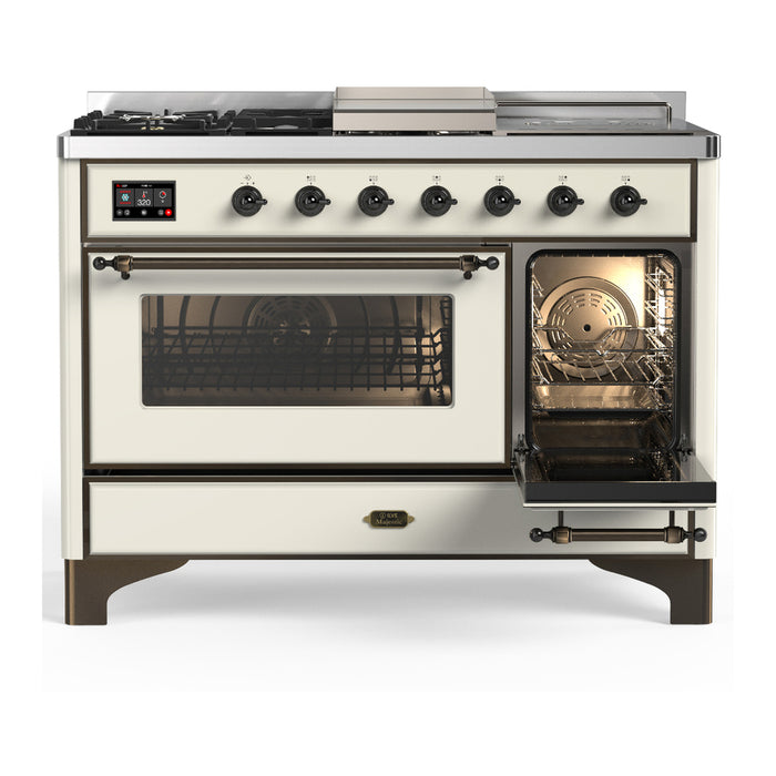 ILVE Majestic III 48" Dual Fuel, Range, Antique White, Burnished Trim UM48FSNR3AWB