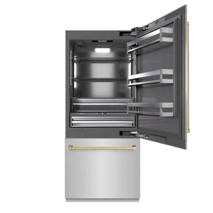 ZLINE 36" Built-In Bottom Freezer Refrigerator,Water Dispenser, Ice Maker,Graphite Gray Champagne Bronze GRBITZ-304-36CB