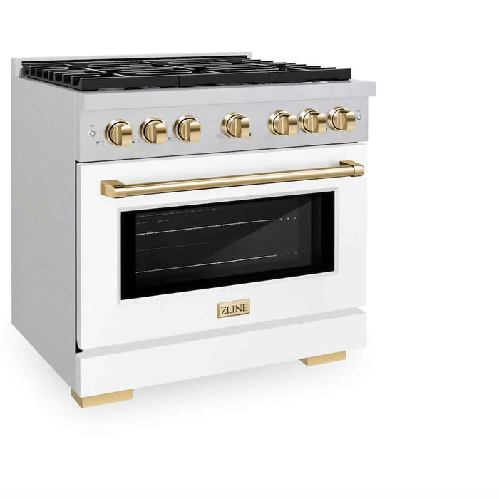 ZLINE 36"Gas Range, Convection Gas Oven, DuraSnow® White Matte, Gold SGRSZ-WM-36-G