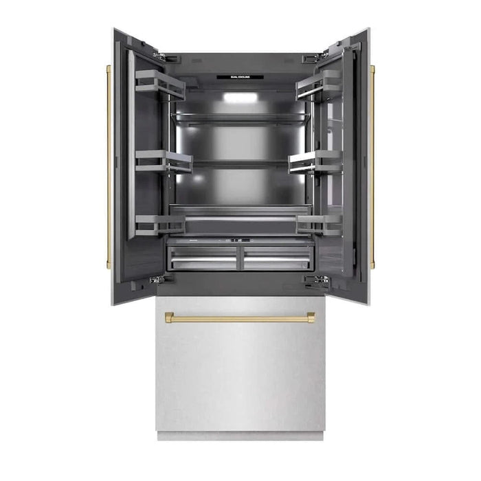 ZLINE 36" Built-In Bottom Freezer Refrigerator with Water Dispenser, Ice Maker, DuraSnow® Stainless Steel, Graphite Gray Interior, Champagne Bronze GRBIVZ-SN-36-CB
