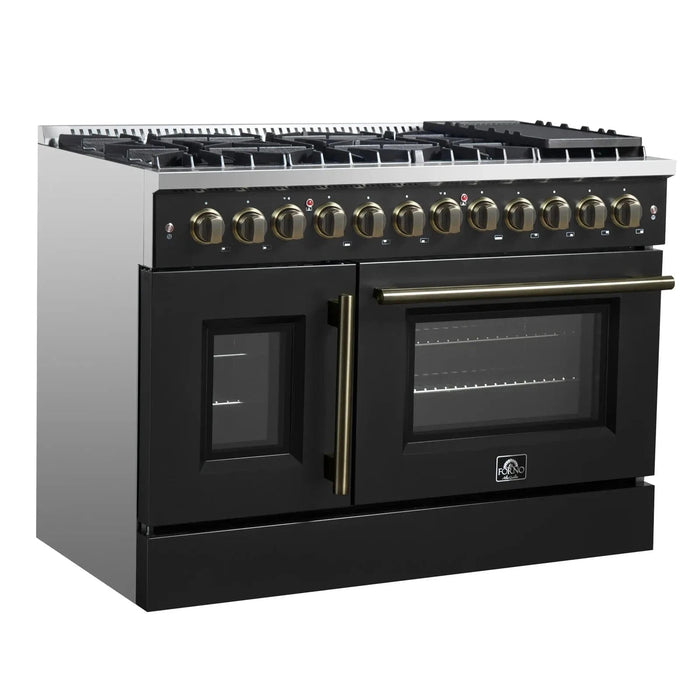 Forno Galiano 48" French Door Dual Fuel Range, 8 Burners, Electric Convection Oven, Black Antique Brass Trim, FFSGS6356-48BLK