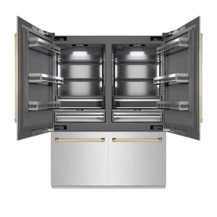 ZLINE 60" Built-In Bottom Freezer Refrigerator with Water Dispenser, Ice Maker, DuraSnow® Stainless Steel, Graphite Gray Interior, Polished Gold GRBIVZ-SN-60-G