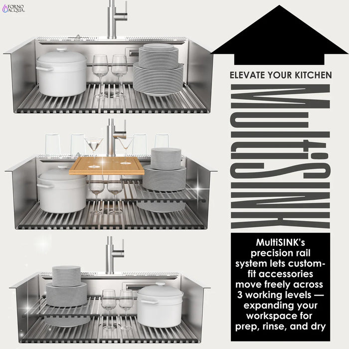 Forno ACQUA 33" Drop-In/Undermount MultiSINK Workstation Sink, Waterfall Faucet, Glass Rinser E-XP31 - Side View