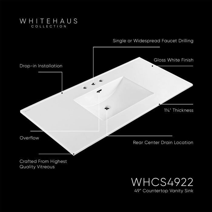 Whitehaus 49" Countertop Vanity Sink, Rect Bowl Widespread Faucet, Overflow WHCS4922-3H