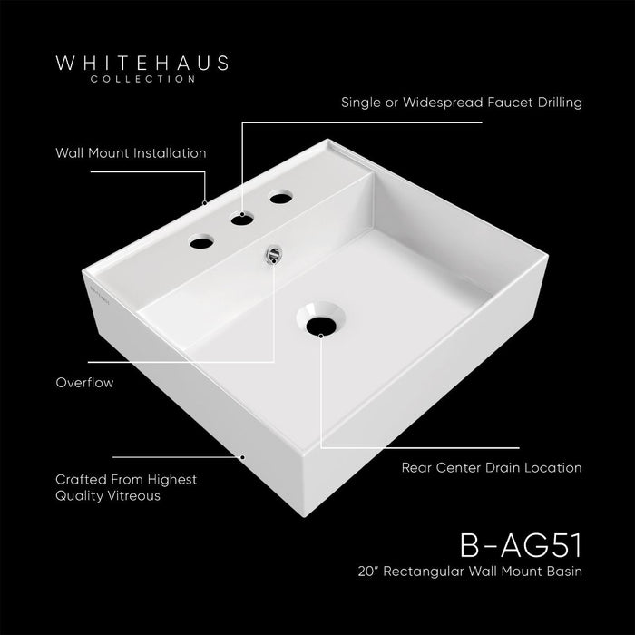 Whitehaus 20" Rectangular Basin, Single Faucet Drilling, Overflow B-AG51-1H