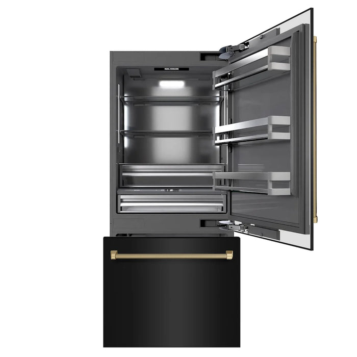 ZLINE Autograph Edition 36" Built-In Bottom Freezer Refrigerator, Water Dispenser, Ice Maker, Black Stainless Steel, Graphite Gray Interior,Helix Handles GRBITZ-BS36-KCB