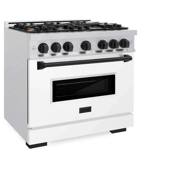 ZLINE 36"Classic Gas Range, Convection Gas Oven, DuraSnow® Stainless Steel, White Matte Door Matte Black CGRSZ-WM-36-MB