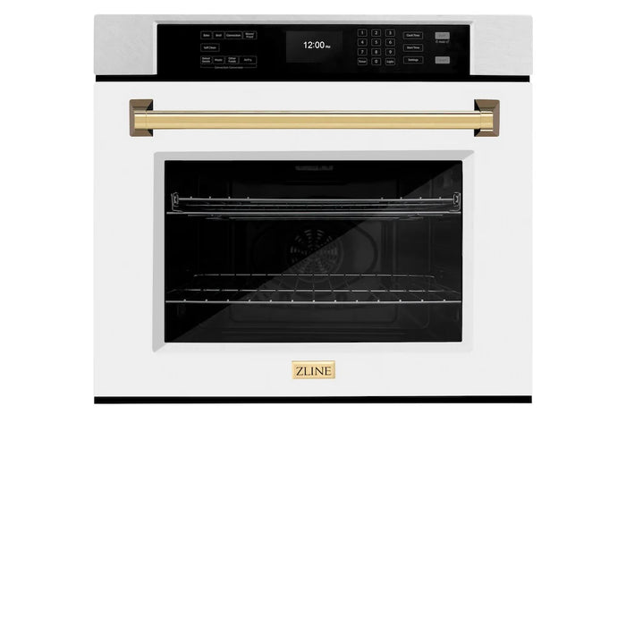 ZLINE 30"Professional True Convection Single Wall Oven, Air Fry, Self Clean, DuraSnow® White Matte, Gold WASSZ-WM-30-G