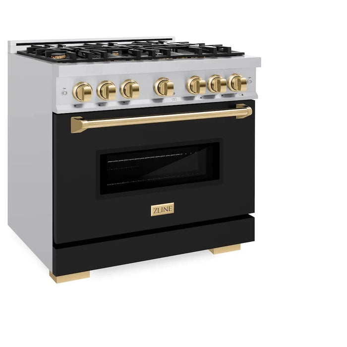 ZLINE 36" Dual Fuel Range, Gas Cooktop, Electric Convection Oven Stainless Steel, Black Matte Door Polished Gold CDRZ-BLM-36-G