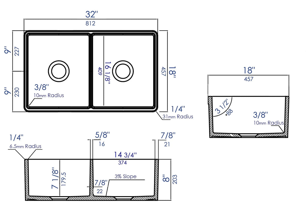 ALFI brand 32" Double Bowl Fireclay Undermount Kitchen Sink AB512UM-W