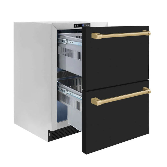 ZLINE Autograph Edition 24" Touchstone 168 Can Outdoor-Rated Dual Refrigerator Drawer, Black Matte Door, Accents  RDSOZ-BLM-24-CB