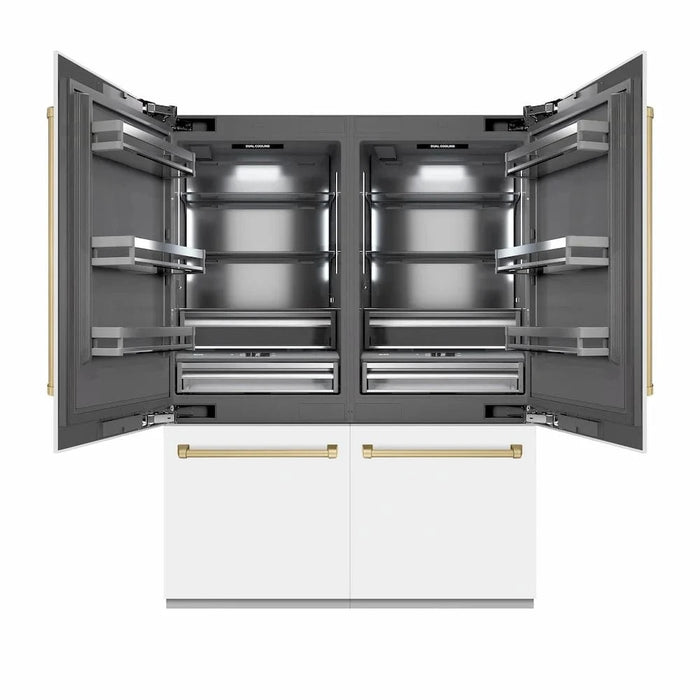 ZLINE 60" Built-In Bottom Freezer Refrigerator with Water Dispenser, Ice Maker, White Matte, Graphite Gray Interior, Champagne Bronze GRBIVZ-WM-60-CB