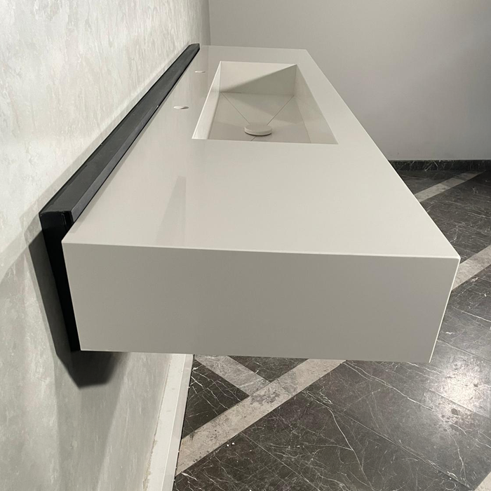 White Quartz Large Bathroom Trough Sink Wall Mount Contemporary Design