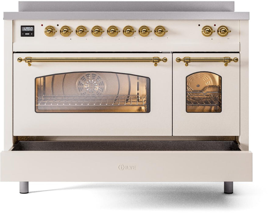 ILVE Nostalgie II 48" Electric Range, Antique White, Brass Trim UPI486NMPAWG ILVE