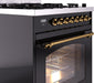 ILVE Nostalgie II 30" Dual Fuel Liquid Propane Range, Glossy Black, Brass Trim UP30NMPBKGLP ILVE