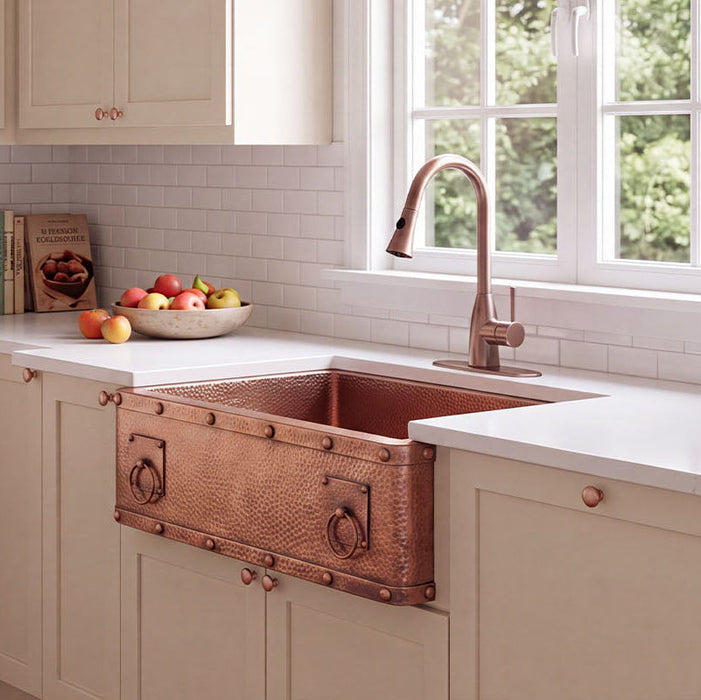 NAUXUS Copper Farmhouse Kitchen Sink, Handmade Hammered Single-Bowl Copper Apron Sink Include Kitchen Basket Stainer , FMHK03-NX