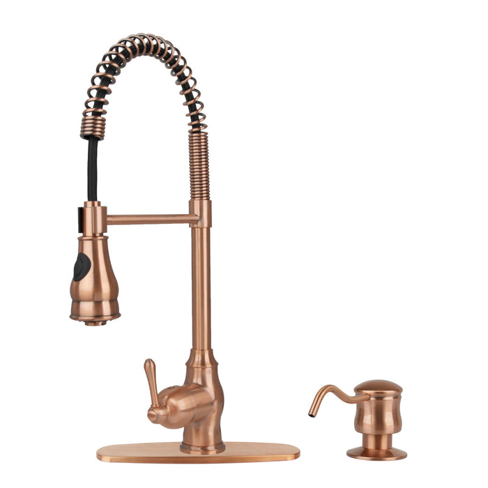 Copper Kitchen Faucet with Soap Dispenser, Single Handle Solid Brass High Arc Pull Down Sprayer Head Kitchen Sink Faucets with Deck Plate — AK96518-SD-C