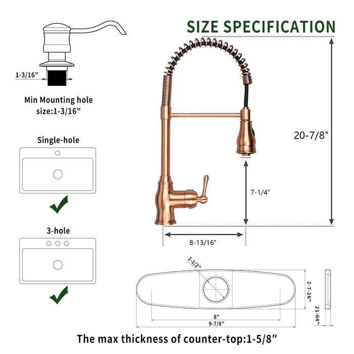 Copper Kitchen Faucet with Soap Dispenser, Single Handle Solid Brass High Arc Pull Down Sprayer Head Kitchen Sink Faucets with Deck Plate — AK96518-SD-C