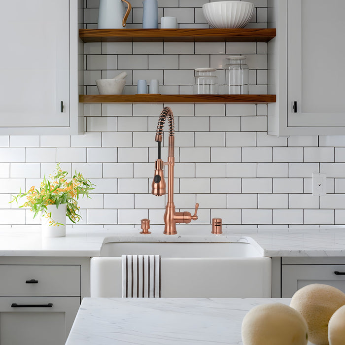 Copper Kitchen Faucet with Soap Dispenser, Single Handle Solid Brass High Arc Pull Down Sprayer Head Kitchen Sink Faucets with Deck Plate — AK96518-SD-C