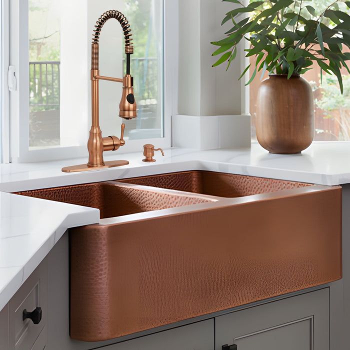 Copper Kitchen Faucet with Soap Dispenser, Single Handle Solid Brass High Arc Pull Down Sprayer Head Kitchen Sink Faucets with Deck Plate — AK96518-SD-C