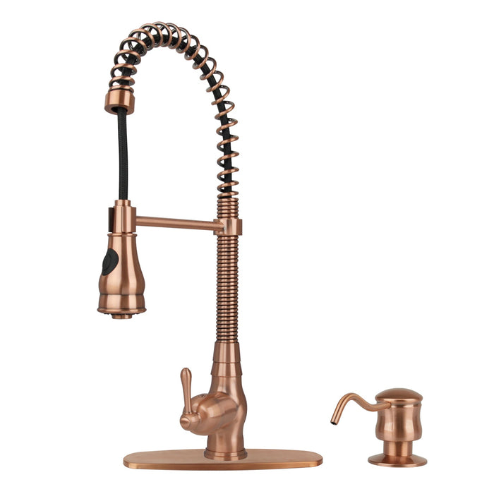 Copper Kitchen Faucet with Soap Dispenser, Single Handle Solid Brass High Arc Pull Down Sprayer Head Kitchen Sink Faucets with Deck Plate — AK96518A-SD-C