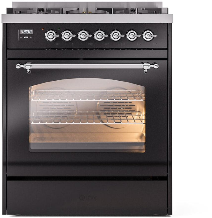 ILVE Nostalgie II 30" Dual Fuel Natural Gas Range, Glossy Black, Chrome Trim ILVE UP30NMPBKC ILVE