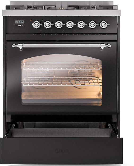 ILVE Nostalgie II 30" Dual Fuel Natural Gas Range, Glossy Black, Chrome Trim ILVE UP30NMPBKC ILVE