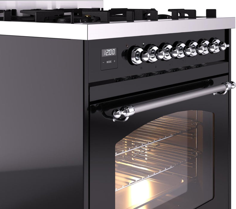 ILVE Nostalgie II 30" Dual Fuel Natural Gas Range, Glossy Black, Chrome Trim ILVE UP30NMPBKC ILVE