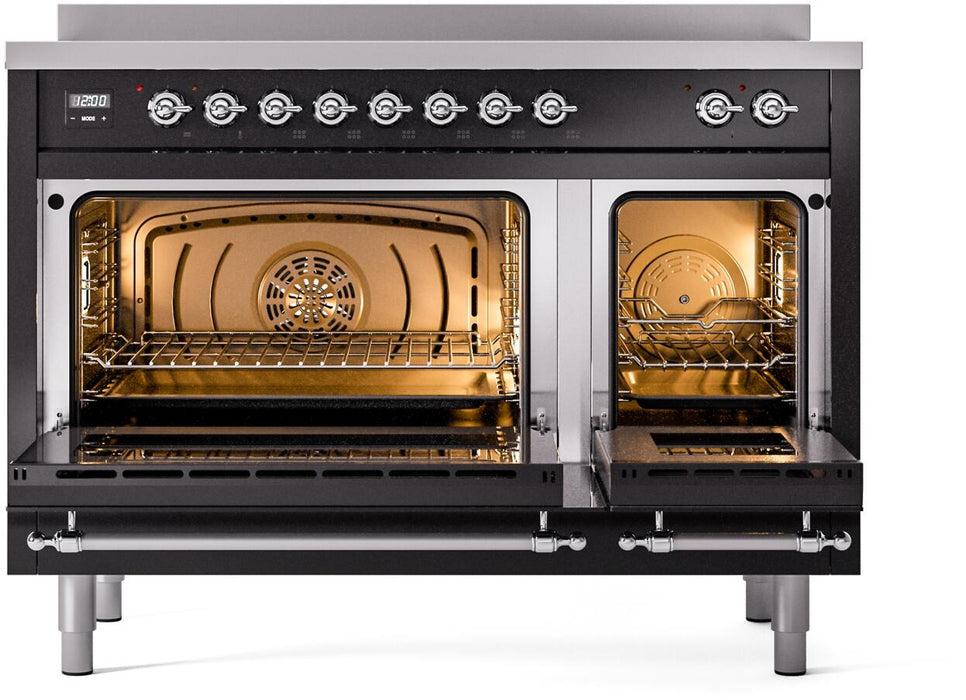 ILVE Nostalgie II 48" Electric Range, Glossy Black, Chrome Trim UPI486NMPBKC ILVE