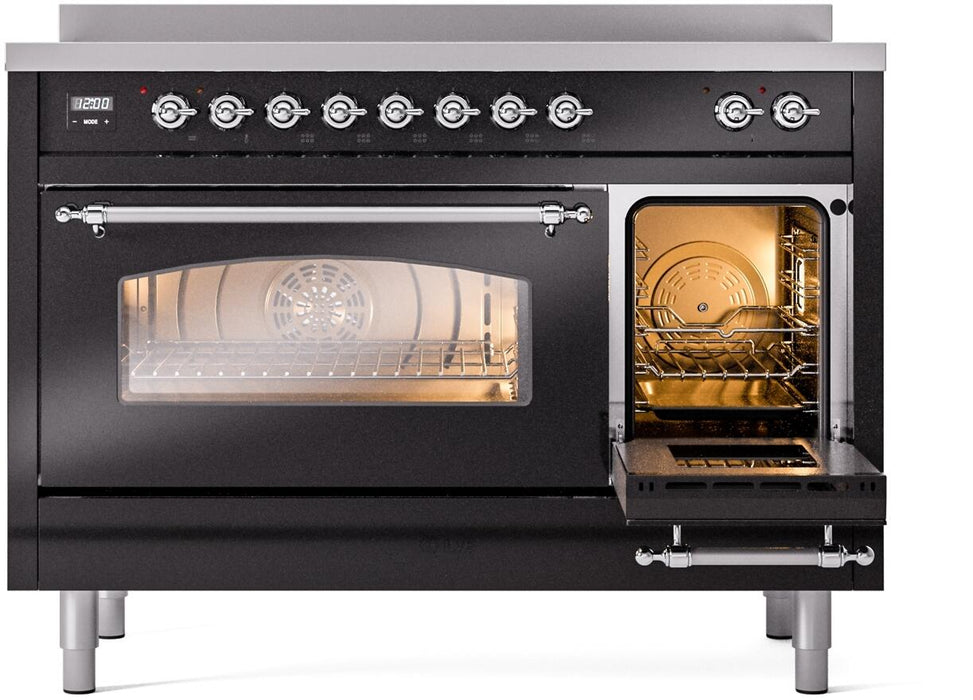 ILVE Nostalgie II 48" Electric Range, Glossy Black, Chrome Trim UPI486NMPBKC ILVE