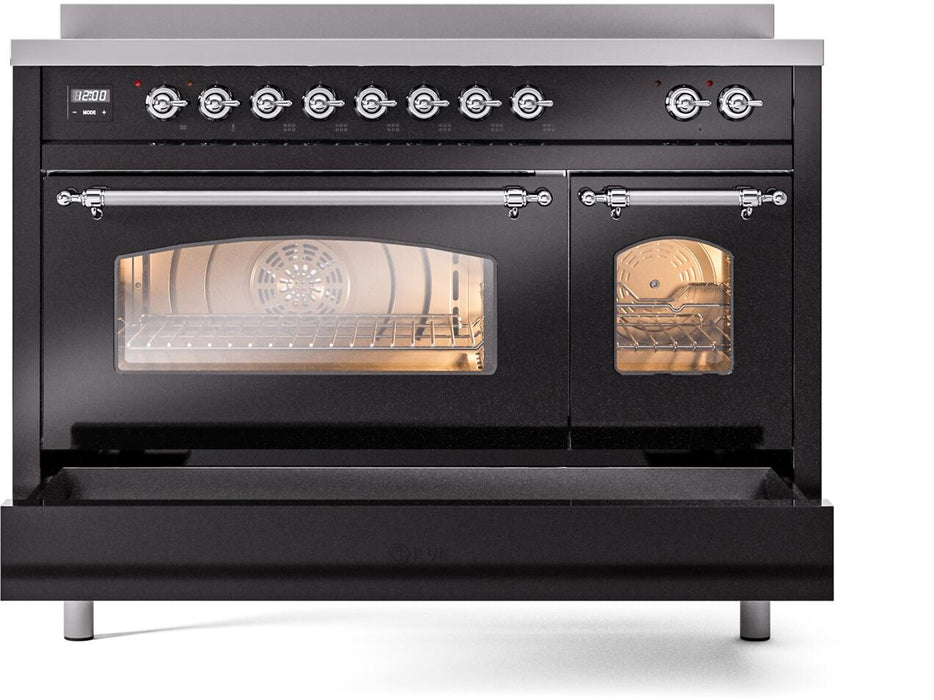 ILVE Nostalgie II 48" Electric Range, Glossy Black, Chrome Trim UPI486NMPBKC ILVE