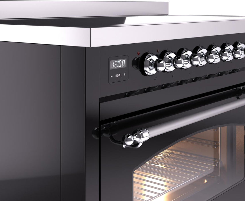 ILVE Nostalgie II 48" Electric Range, Glossy Black, Chrome Trim UPI486NMPBKC ILVE