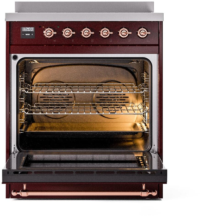 ILVE Nostalgie II 30" Electric Range, Burgundy, Copper Trim UPI304NMPBUP ILVE