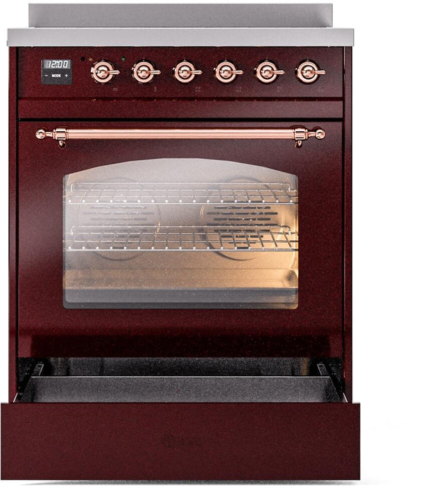 ILVE Nostalgie II 30" Electric Range, Burgundy, Copper Trim UPI304NMPBUP ILVE