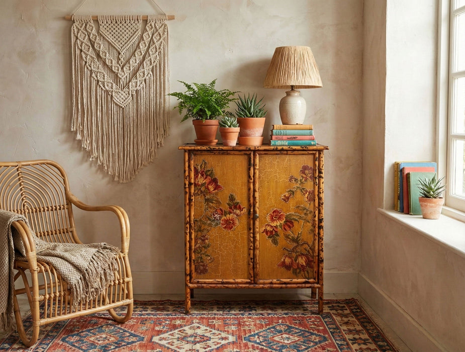 Vintage Bamboo Chinoiserie Cabinet w/Floral Applique