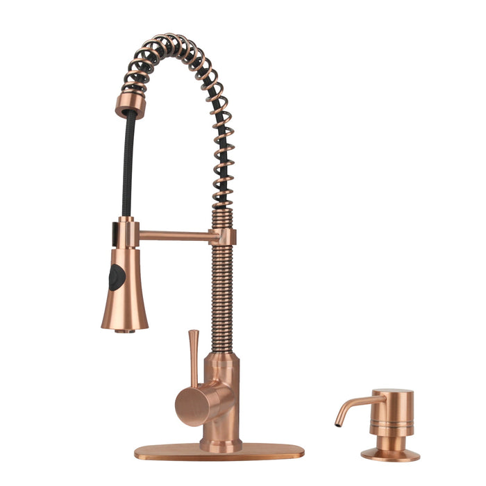 Copper Kitchen Faucet with Soap Dispenser, Single Handle Solid Brass High Arc Pull Down Sprayer Head Kitchen Sink Faucets with Deck Plate — AK96565-SD-C