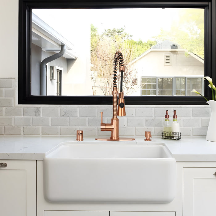 Copper Kitchen Faucet with Soap Dispenser, Single Handle Solid Brass High Arc Pull Down Sprayer Head Kitchen Sink Faucets with Deck Plate — AK96565-SD-C