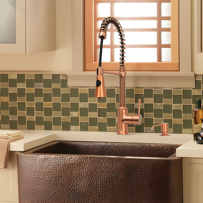 Copper Kitchen Faucet with Soap Dispenser, Single Handle Solid Brass High Arc Pull Down Sprayer Head Kitchen Sink Faucets with Deck Plate — AK96565-SD-C