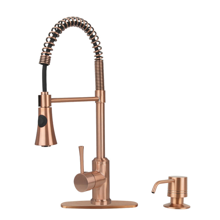Copper Kitchen Faucet with Soap Dispenser, Single Handle Solid Brass High Arc Pull Down Sprayer Head Kitchen Sink Faucets with Deck Plate — AK96566-SD-C
